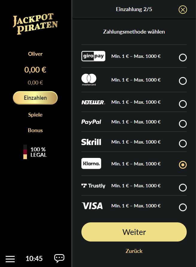 Beispiel Jackpotpiraten: Einzahlen bei Online Casinos mit Klarna