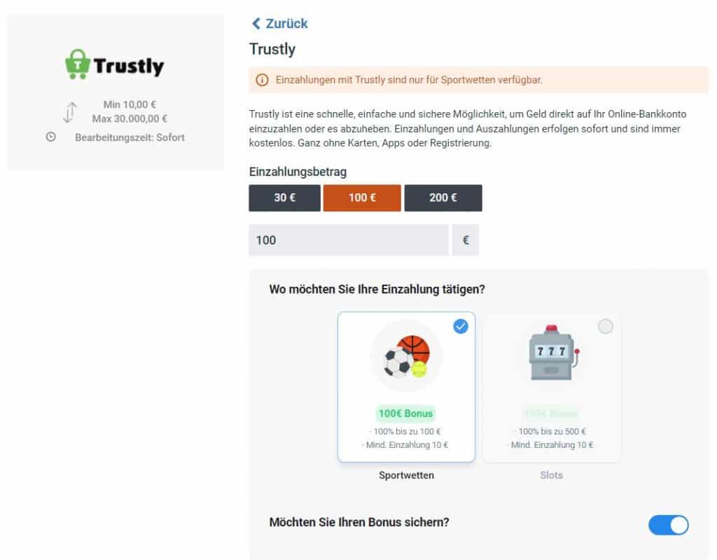 Einzahlungen mit Trustly beim Wettanbieter Betano.