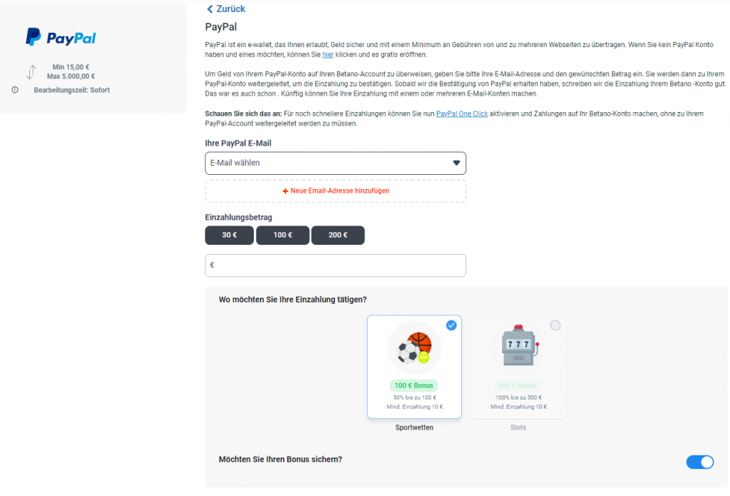Einzahlungen mit PayPal beim Wettanbieter Betano.
