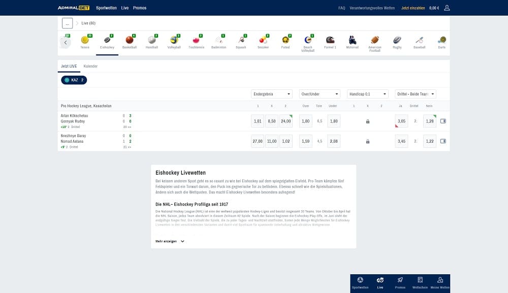 Eishockey Livewetten bei Admiralbet