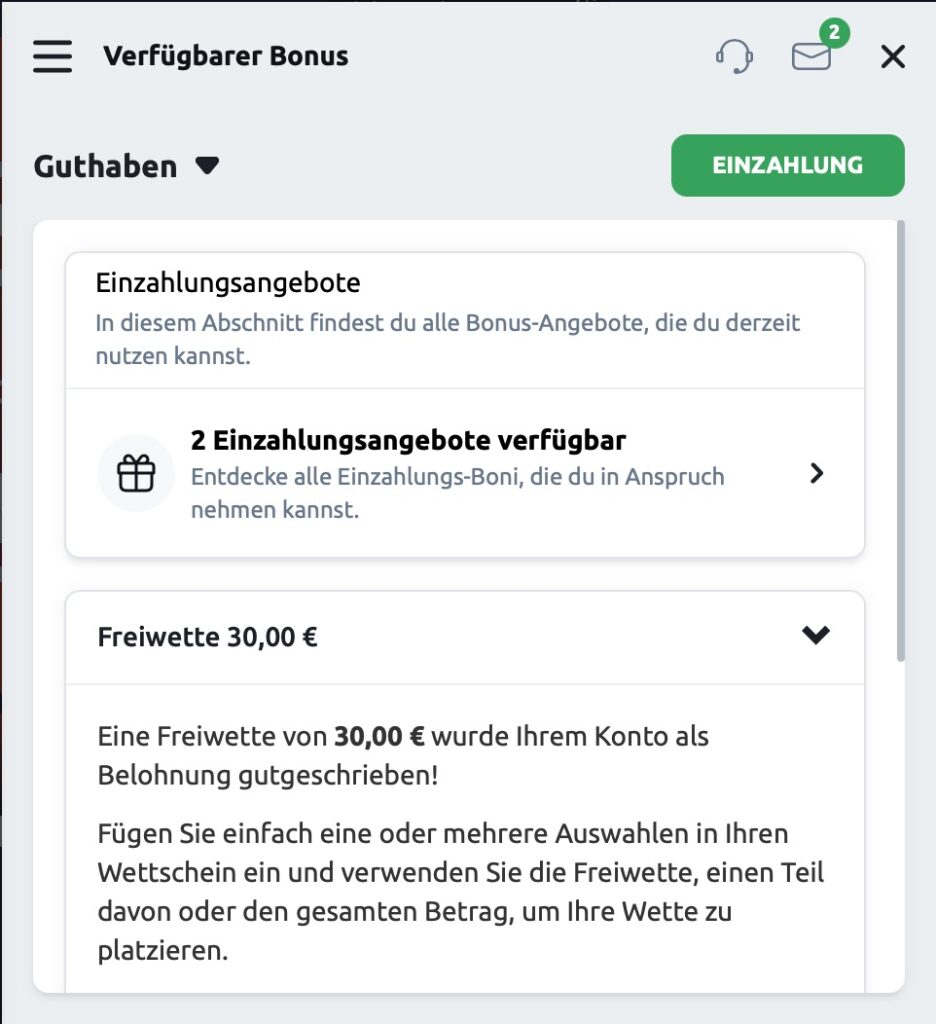 Die Freiwette wurde mit dem Betano Promo-Code Hockeyweb eingelöst